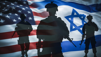Obraz premium Soldiers silhouetted against the flags of the United States and Israel