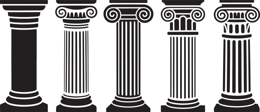Set of classical Greek Roman columns architectural elements in black silhouette