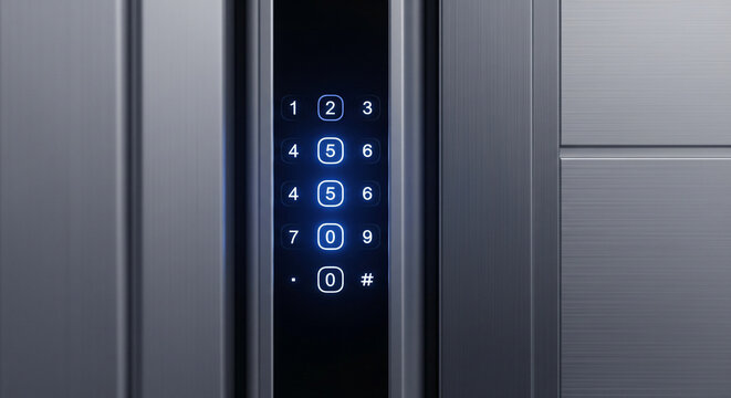 PIN lock shows three numbers glowing brighter to show code entry on a digital keypad for a security system effort