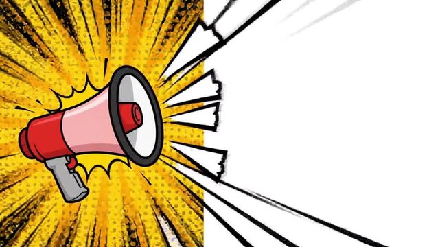 Announcement Megaphone: Dynamic graphic Comic Pop Art Megaphone with Yellow Radial Burst Background, Dynamic Shouting Effect Banner with Copy Space.