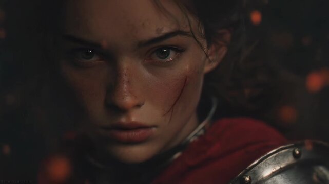 Young warrior stands ready for battle in dark setting with glowing sparks and a determined expression on her face