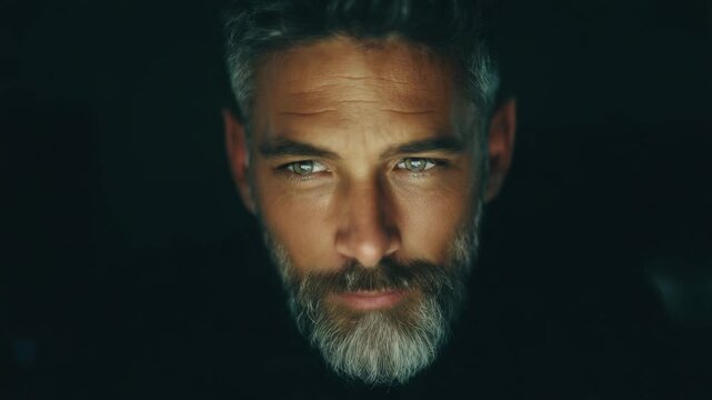 Man shows thoughtful expression in close-up shot with dramatic lighting while sitting indoors in an unknown location at night