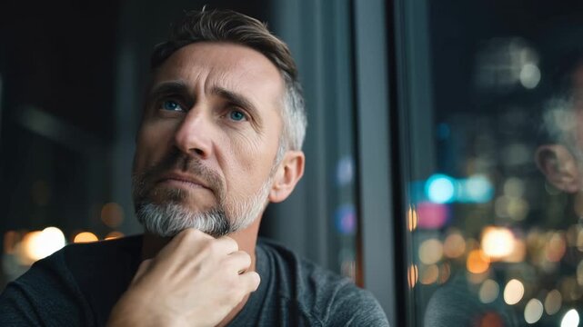 Man thinking next to window at night in urban setting with city lights in background and deep reflections on face
