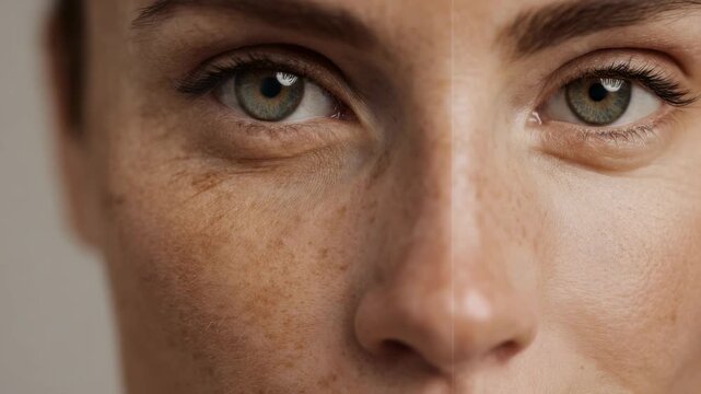A close look at skin changes over time seen on a woman's face highlighting wrinkles and freckles in natural lighting