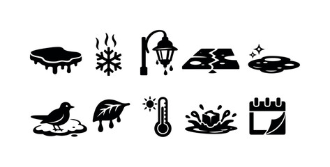 Fototapeta premium Collection of icons representing melting snow and changing seasons