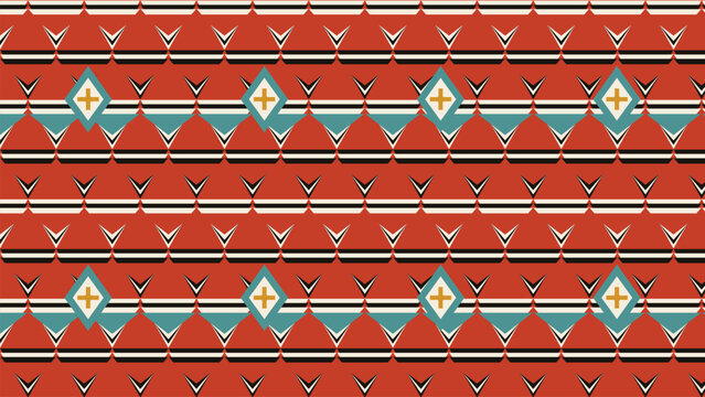 Tribal geometric ethnic seamless pattern in red and turquoise