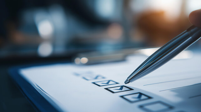 Quality control concept with an organization checklist and validation document for business approval covering agreements, quality management, and policy compliance. Quality