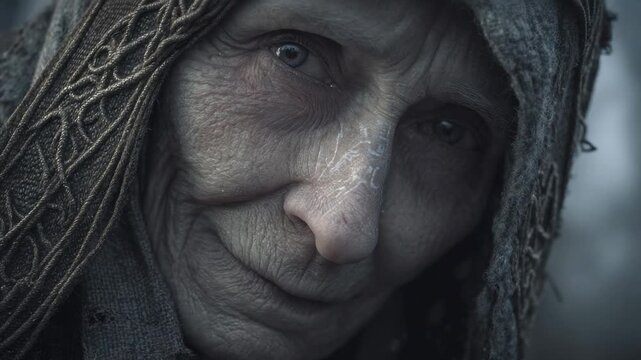 Elderly person with deep expression and weathered skin looks into the camera while wearing a hood in a forest setting