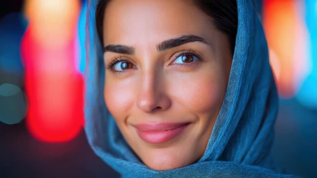 Woman smiling in a city at night wearing a blue scarf with colorful lights in the background