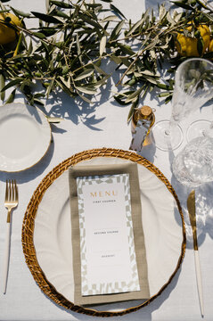 Elegant wedding table setting in rural Italy