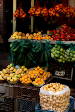 Vegetables and fruits displayed in a greengrocer's