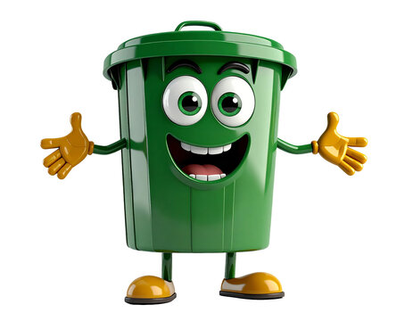 Poubelle verte avec visage souriant, personnage en 3 d