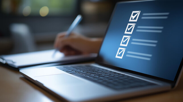 Project milestones checklist displayed on a laptop screen showing planning, task completion, and progress tracking for a project management concept. Milestones checklist, laptop