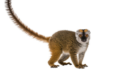 Fototapeta premium Brown lemur with fluffy tail standing, isolated on transparent background