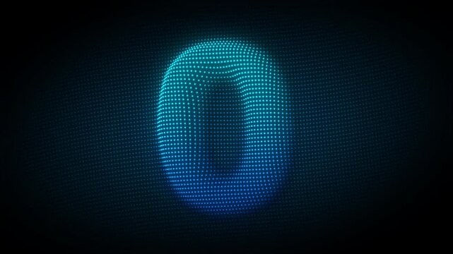 Blue Number Zero Wave Particle Animation on Dark Background, Cyan Glowing Dot Grid 3D Wave Effect Symbol Seamless Loop, 4K