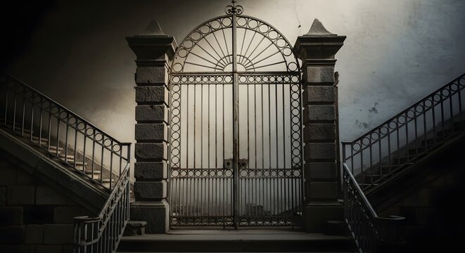 Ornate iron gate at entrance to a historic estate or cemetery