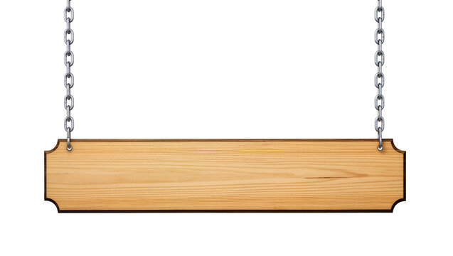 Wooden plank sign hanging from metal chains, isolated on transparent background