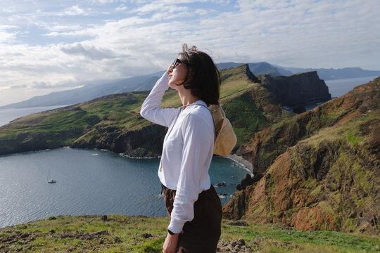 Portrait of girl  on madeira hike.
Happy girl in outdoor location.