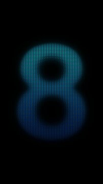 Blue Number Eight Scanner Effect Animation on Dark Background, Cyan Scanning Dot Grid Symbol Seamless Loop, 9:16 Vertical Video