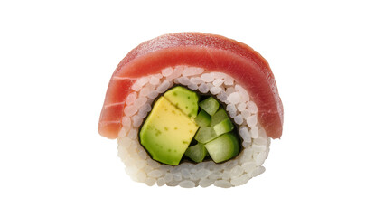 Fresh tuna and avocado sushi roll with rice, isolated on transparent background © Maria