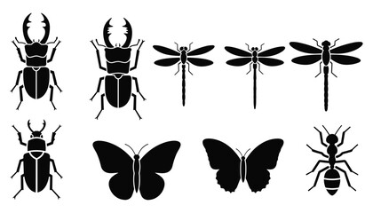Set of minimalist insect silhouettes featuring beetles butterflies dragonflies and ants for nature logos and biology education graphics © Rashedul Islam