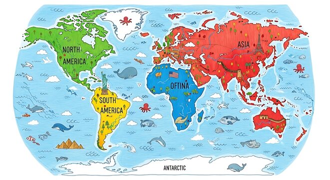 Colorful world map with continents labeled and illustrated with cartoon animals and elements
