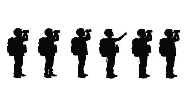 Silhouettes of children with backpacks and binoculars exploring nature high quality