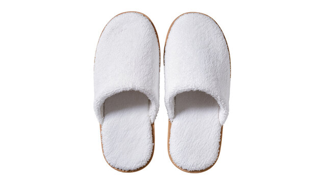 Pair of fluffy white terry cloth slippers with brown soles, isolated on transparent background