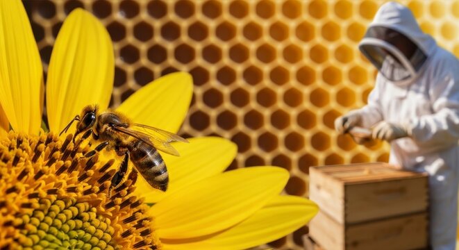 Beekeeper in Protective Suit tending to Hive near Sunflower and Bee