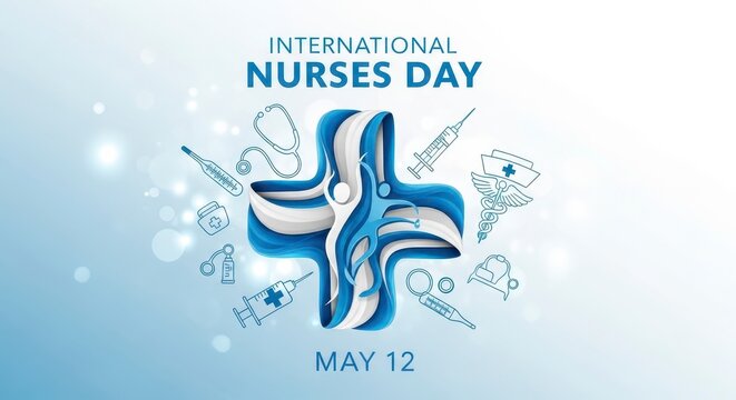 International Nurses Day celebration poster with stethoscope and globe on May 12