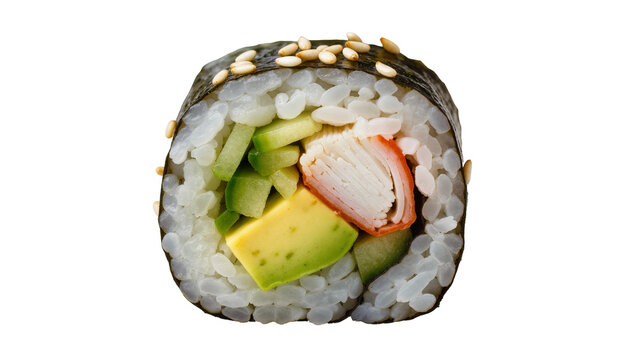 Sushi roll with crab stick avocado and cucumber, isolated on transparent background