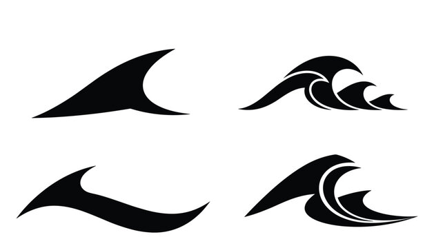 Set of minimalist ocean wave silhouettes and tribal sea surf icons for summer beach logos and water sports