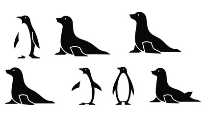 Set of minimalist penguin and sea lion silhouettes in various poses for polar wildlife logos and arctic nature designs © Rashedul Islam