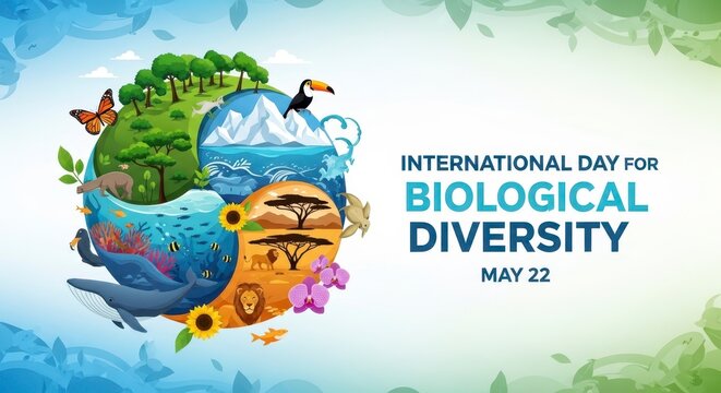 International Day for Biological Diversity illustration with global wildlife and nature elements