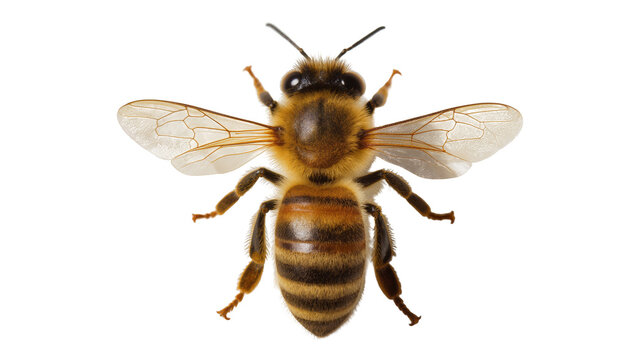 Detailed honey bee with fuzzy body and transparent wings, isolated on transparent background
