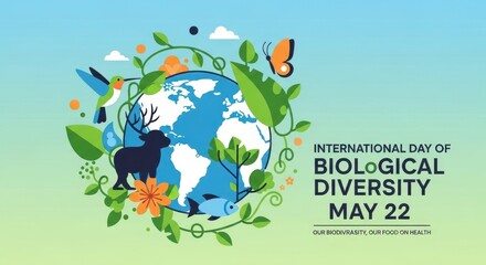 Naklejka premium International Day of Biological Diversity poster with globe and wildlife illustration on light background