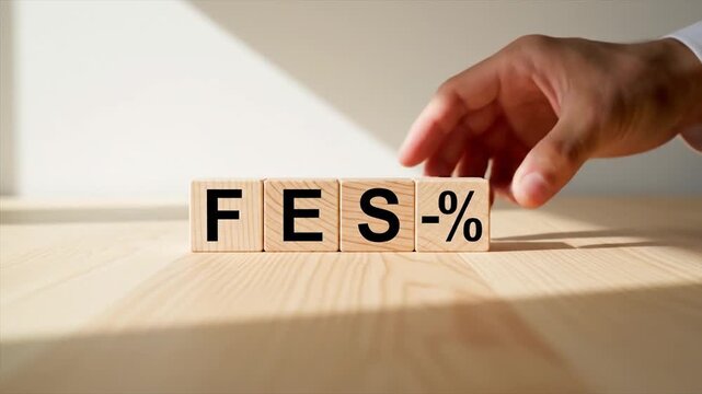 Hand placing percentage symbol on wooden blocks spelling FES for financial concept