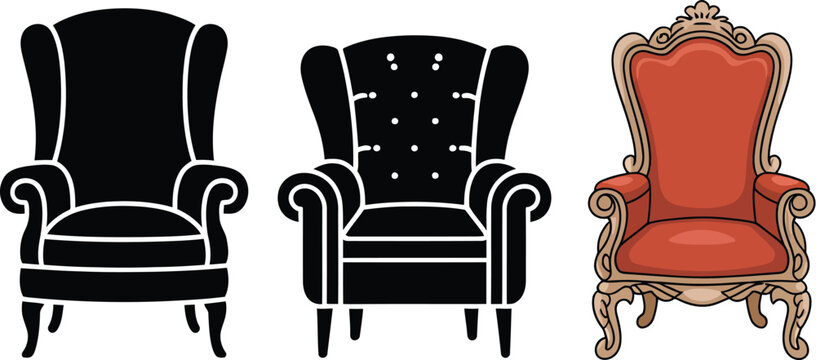 Luxury throne armchair illustration, royal collection with black lounge chairs and ornate golden throne for classic furniture and interior decor.