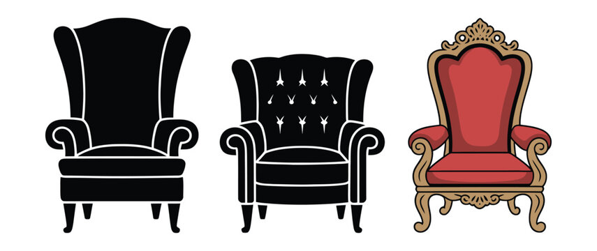 Royal armchair collection illustration set, luxury black lounge chairs and ornate golden throne for classic furniture design and interior decor.