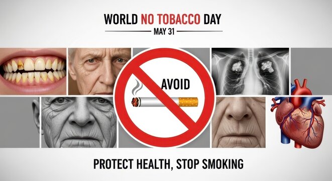 World No Tobacco Day campaign with health warnings and smoking dangers infographic