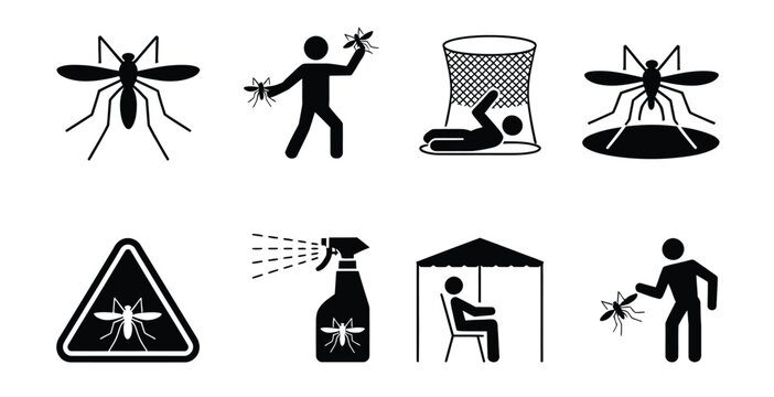 Mosquito protection icons illustration set, stick figure silhouettes showing insect bite malaria risk bed net repellent spray and swamp breeding warning.