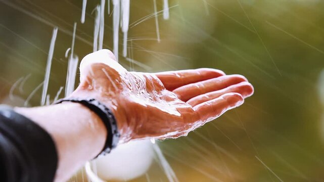 Hand im Regen bei starkem Wind mit tropischem Hintergrund atmosph&auml;rische Wetterszene Nahaufnahme