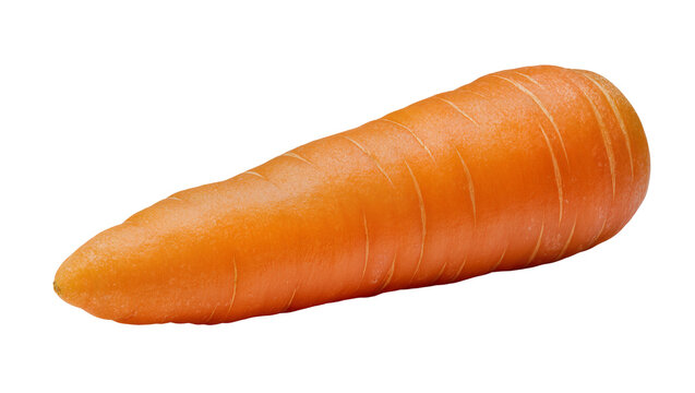 Bright orange raw carrot with visible texture lines, isolated on transparent background