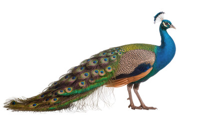 Fototapeta premium Majestic peacock with vibrant blue neck and iridescent green tail feathers, isolated on transparent background