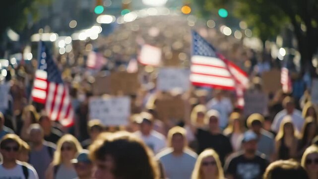 A large crowd of people marching outdoors, many holding American flags, possibly during a protest or parade.