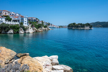 Fototapeta premium The coastal street of Skiathos Town, Sporades, Thessaly, Greece