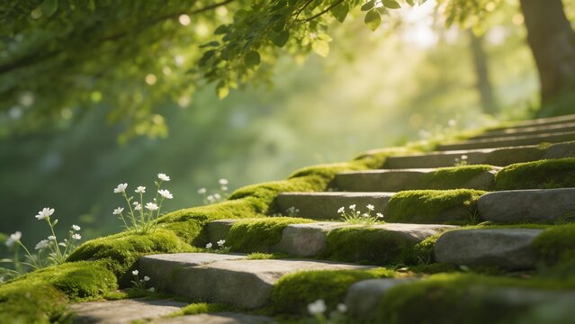 Mossy stone steps in a sunlit forest