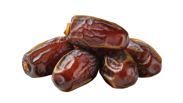 Pile of shiny brown dates with wrinkled texture, isolated on transparent background