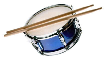 Blue snare drum with wooden drumsticks, isolated on transparent background © Maria