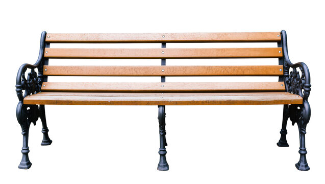 Wooden park bench with ornate cast iron legs, isolated on transparent background